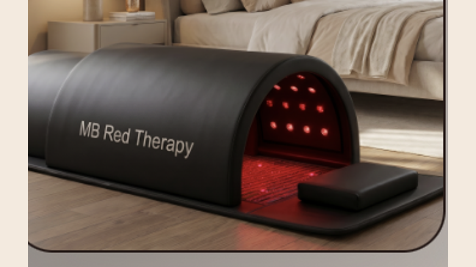 MB Red Therapy Dome in a clean premium bedroom recovery setup