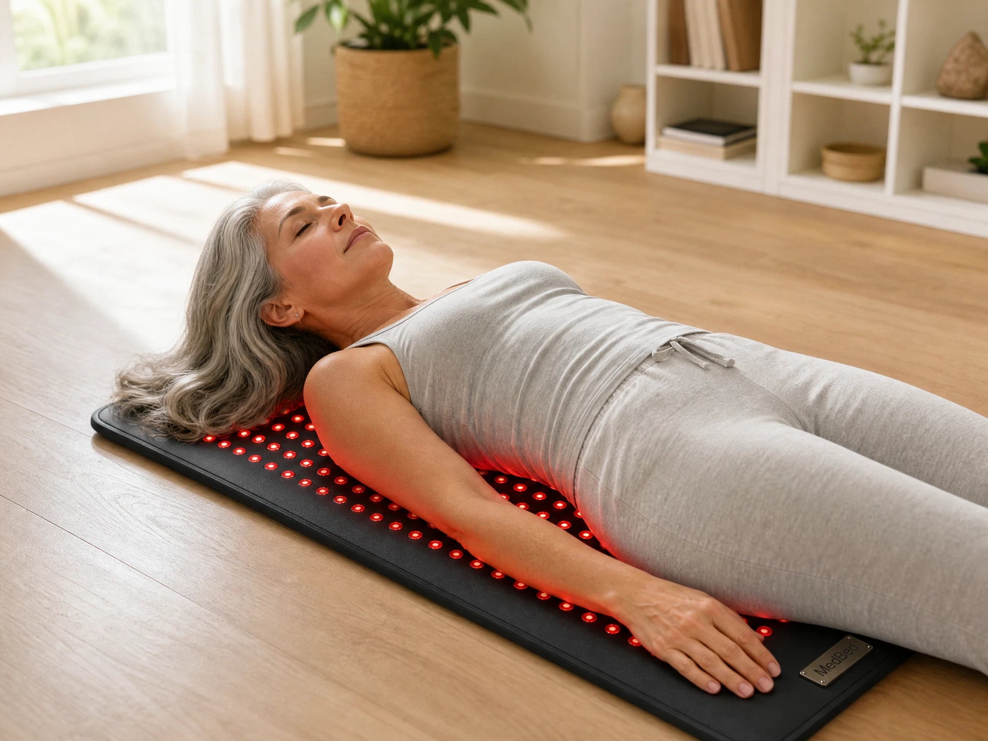 Woman relaxing on the MB Therapy Mat at home